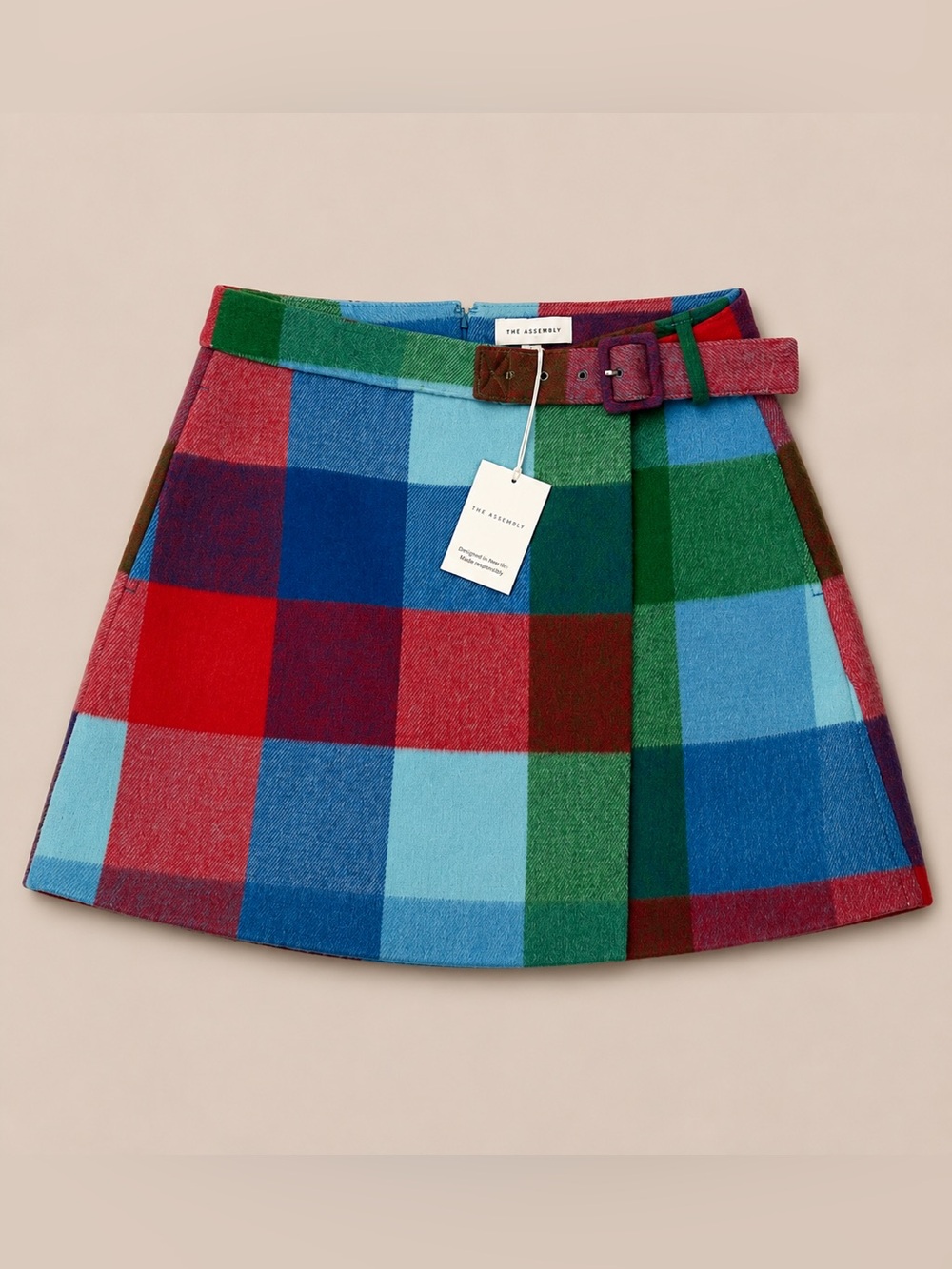 The Assembly NWT Multicolor Plaid Belted A-Line Mini Skirt Size 8